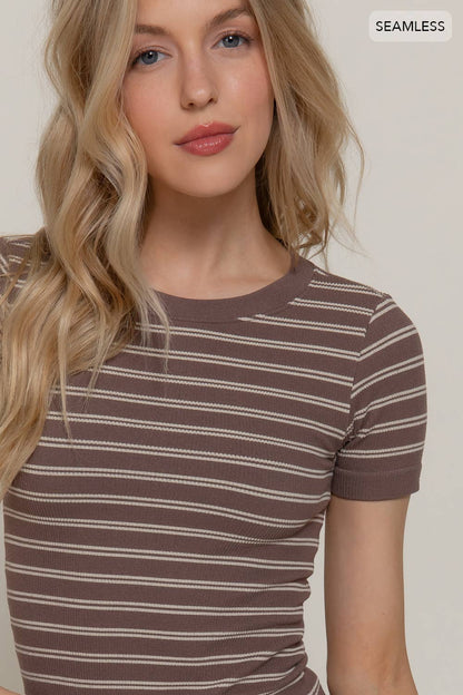 Short Sleeve Crew Neck Striped Seamless Top
