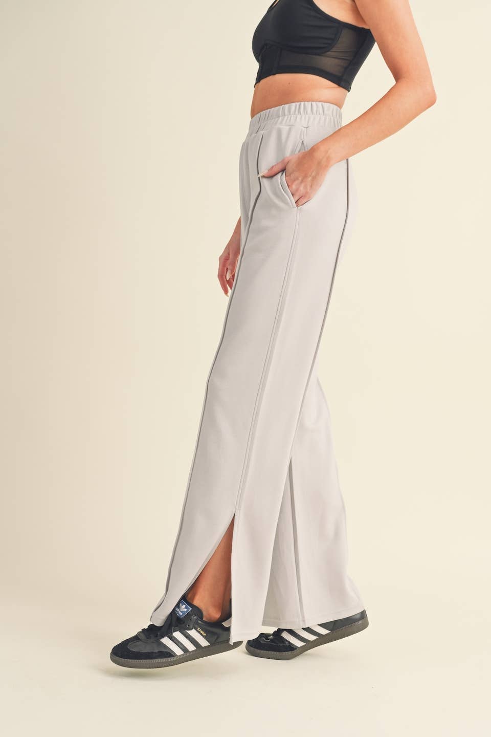Wide Leg Scuba Pants with Side Slit