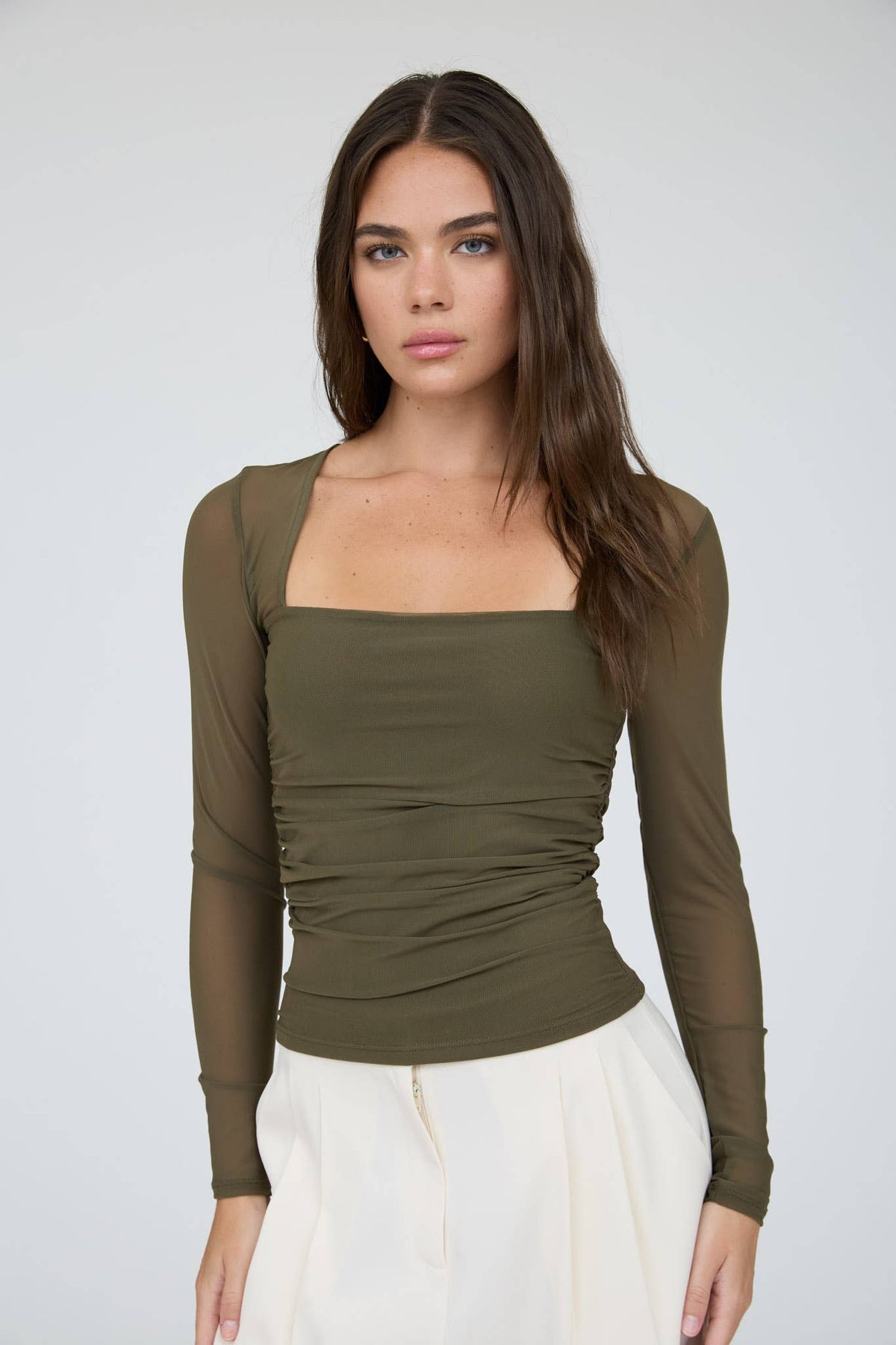 Ruched Waist Square Neck Long Sleeve Knit Top
