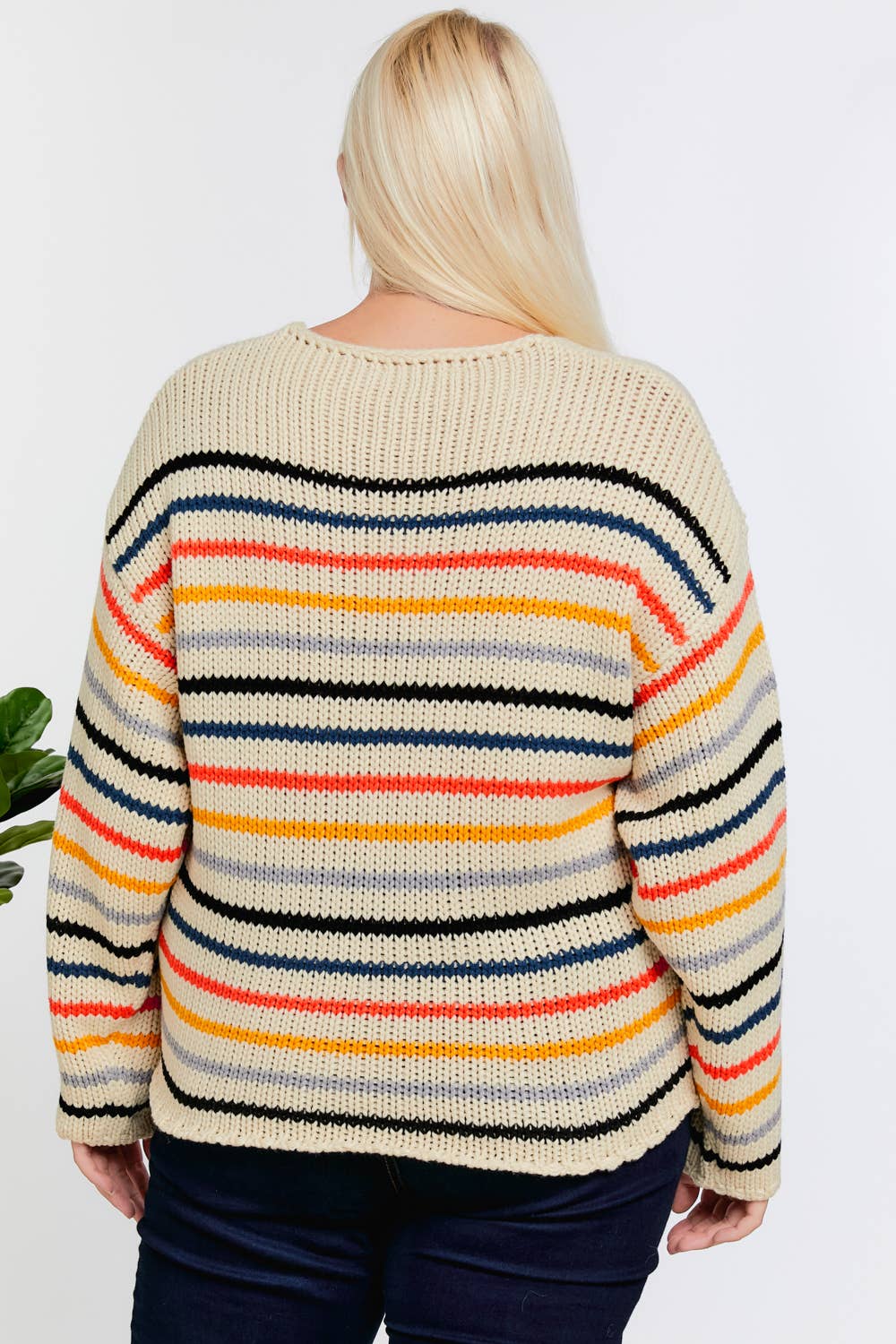PLUS STRIPE ROUND NECK LONG SLEEVE KNIT SWEATER