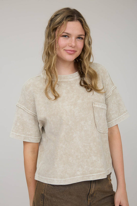 Washed Ribbed Short Sleeve Tee With Pocket
