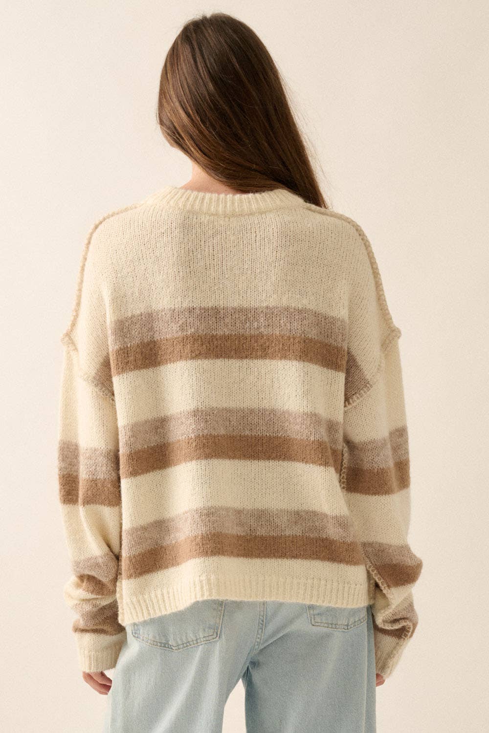 Striped Colorblock Expose-Seam Long Sleeve Sweater