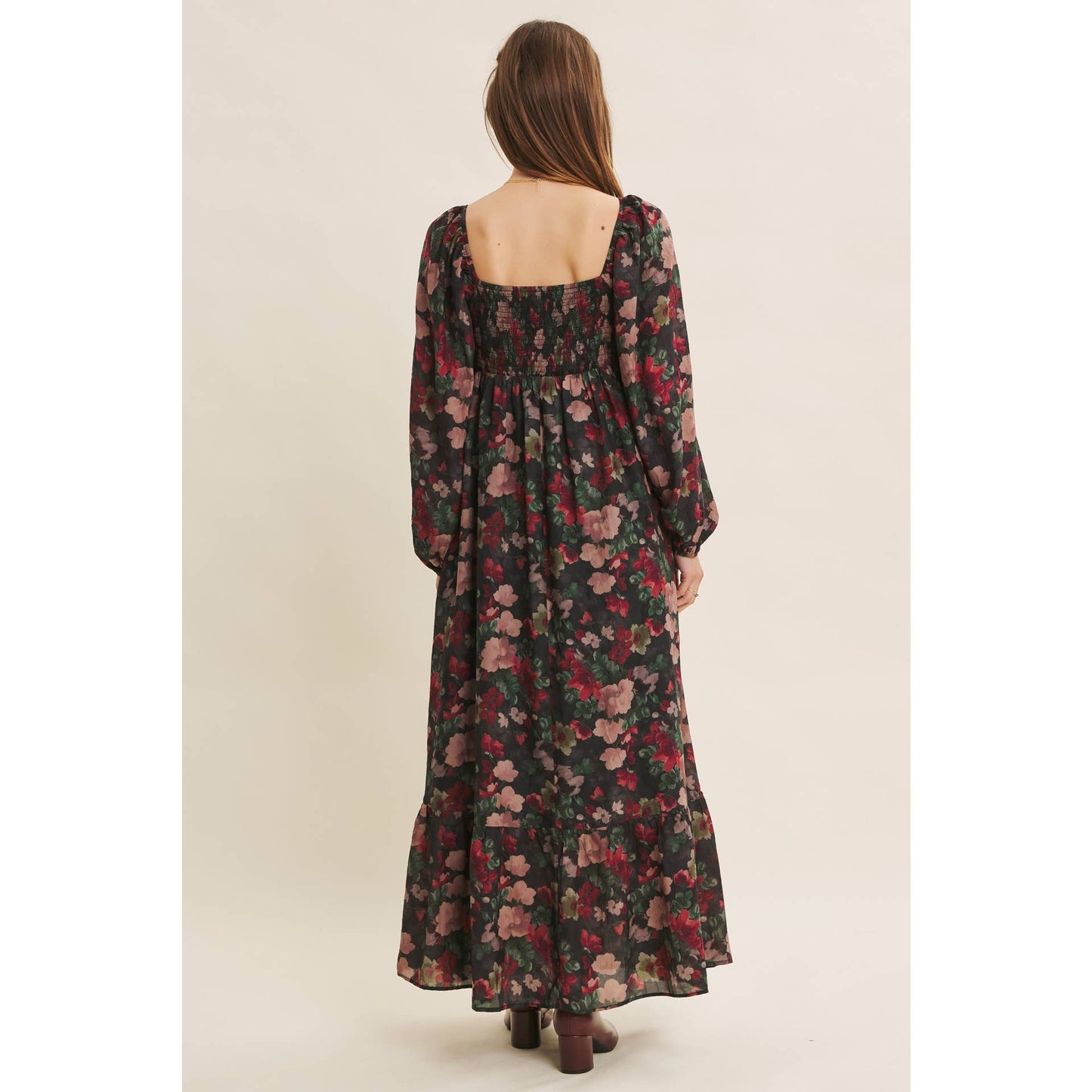 Love Letter To Autumn Floral Crinkled Maxi Smocked Dress