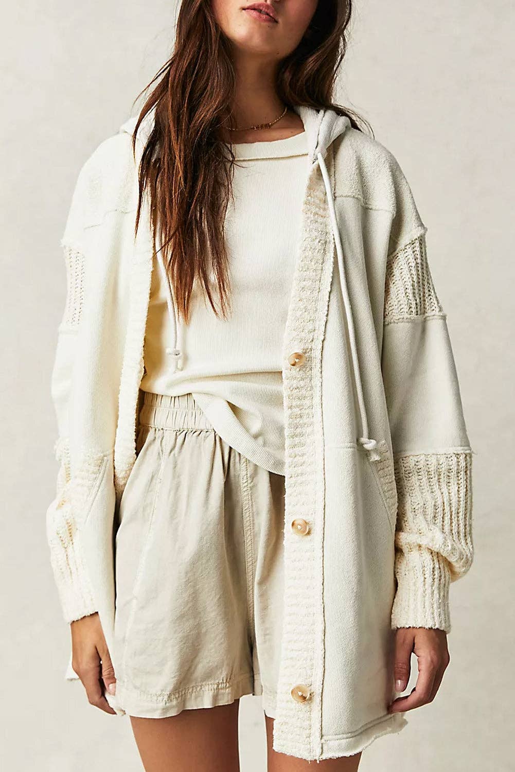Contrast Knit Patchwork Hooded Cardigan