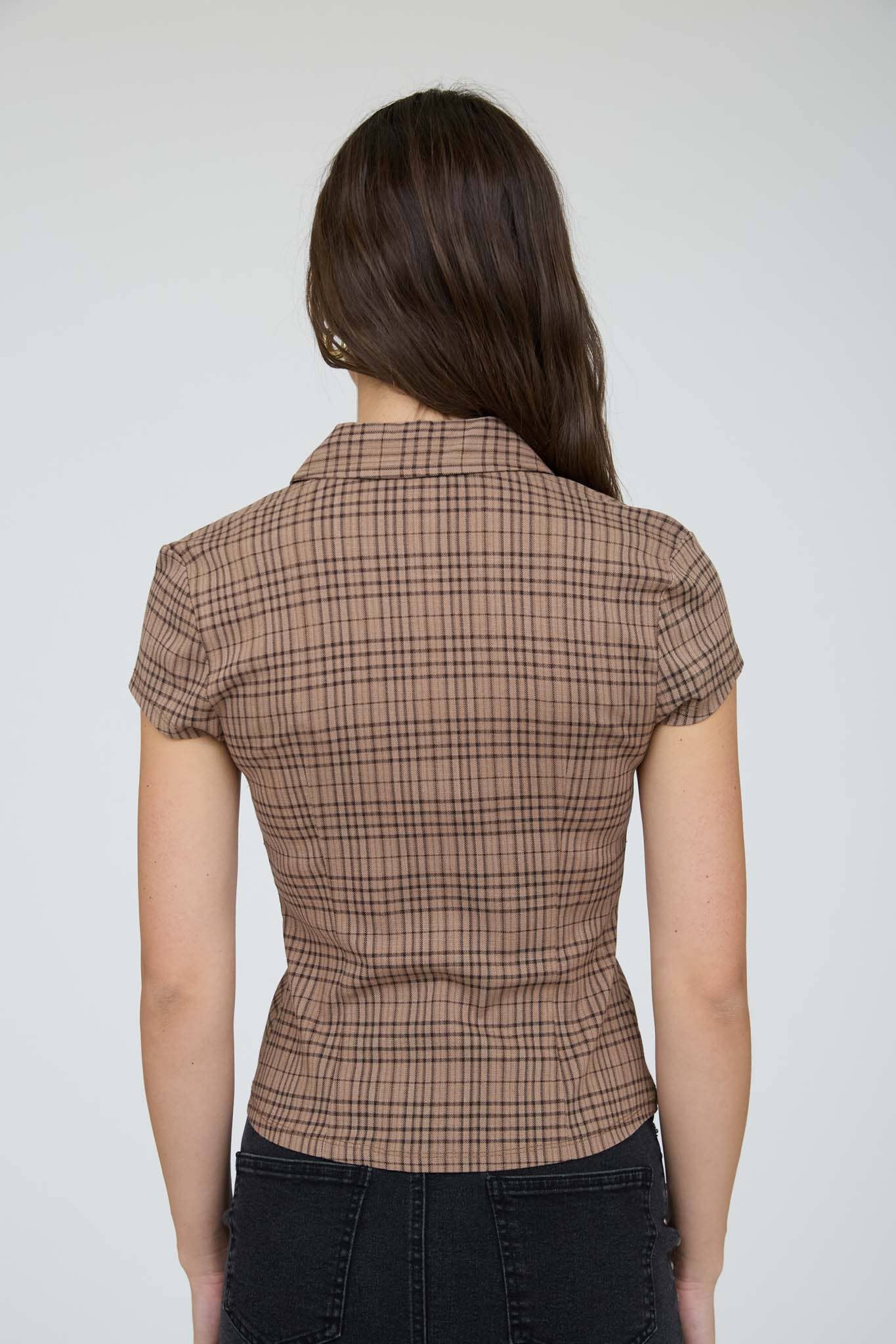 Plaid Collared Short Sleeve Corset Button Down Top