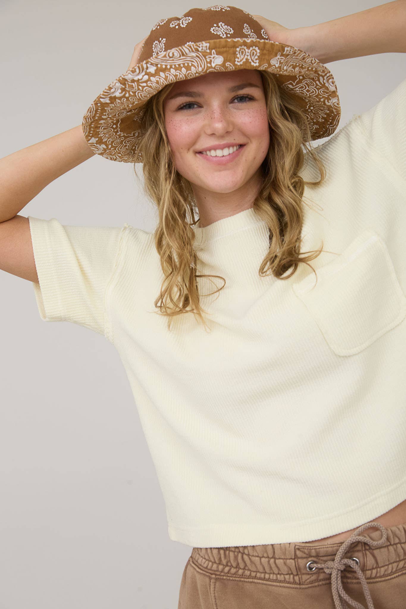 Washed Ribbed Short Sleeve Tee With Pocket