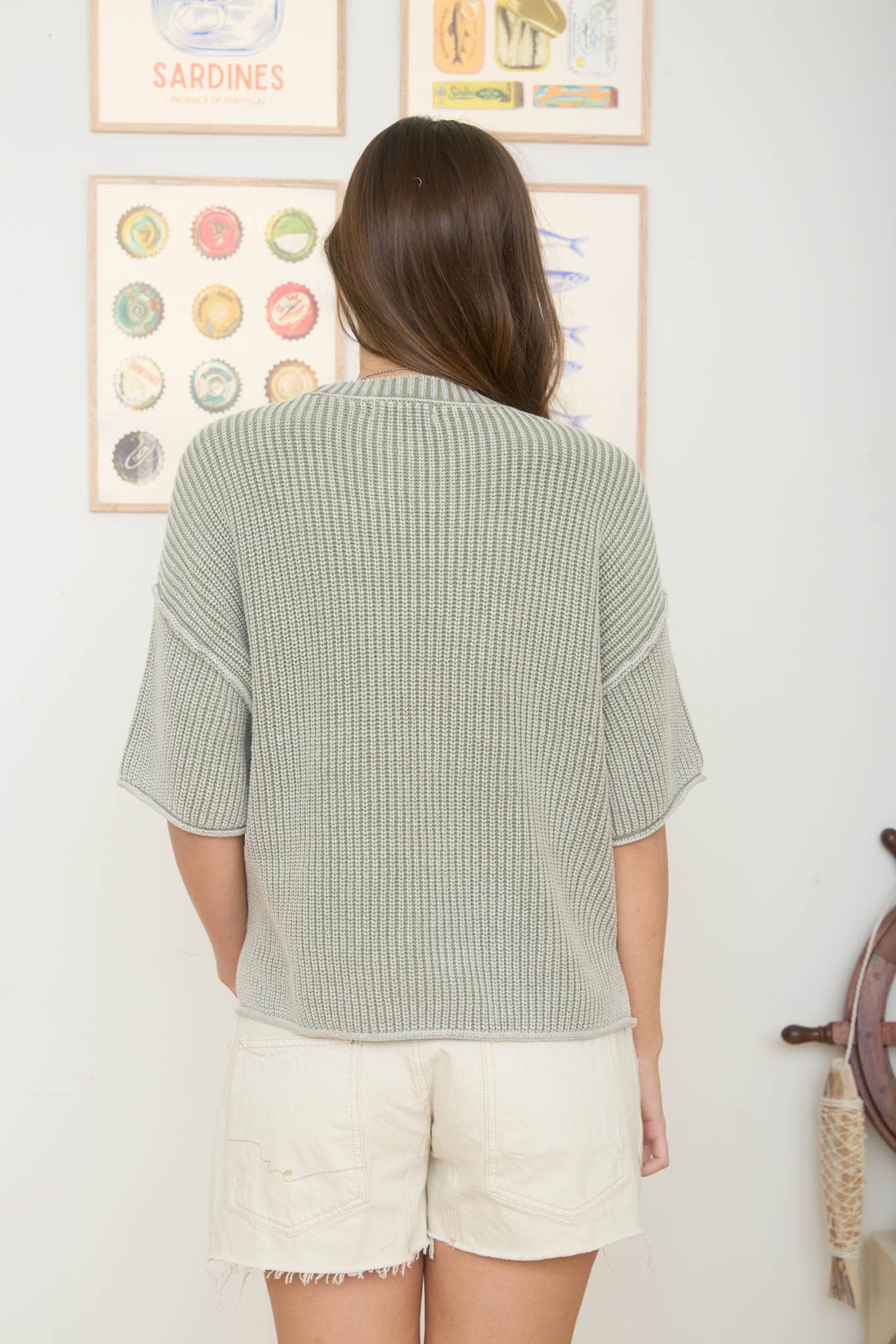 Washed Crew Neck Raw Edge Short Sleeve Sweater