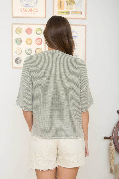 Washed Crew Neck Raw Edge Short Sleeve Sweater