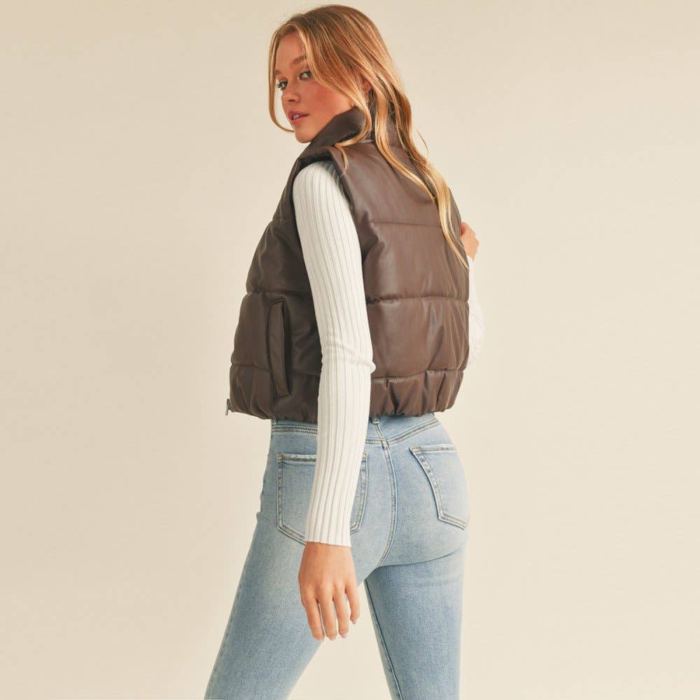 FAUX LEATHER HIGH NECK ZIP-UP PUFFER VEST