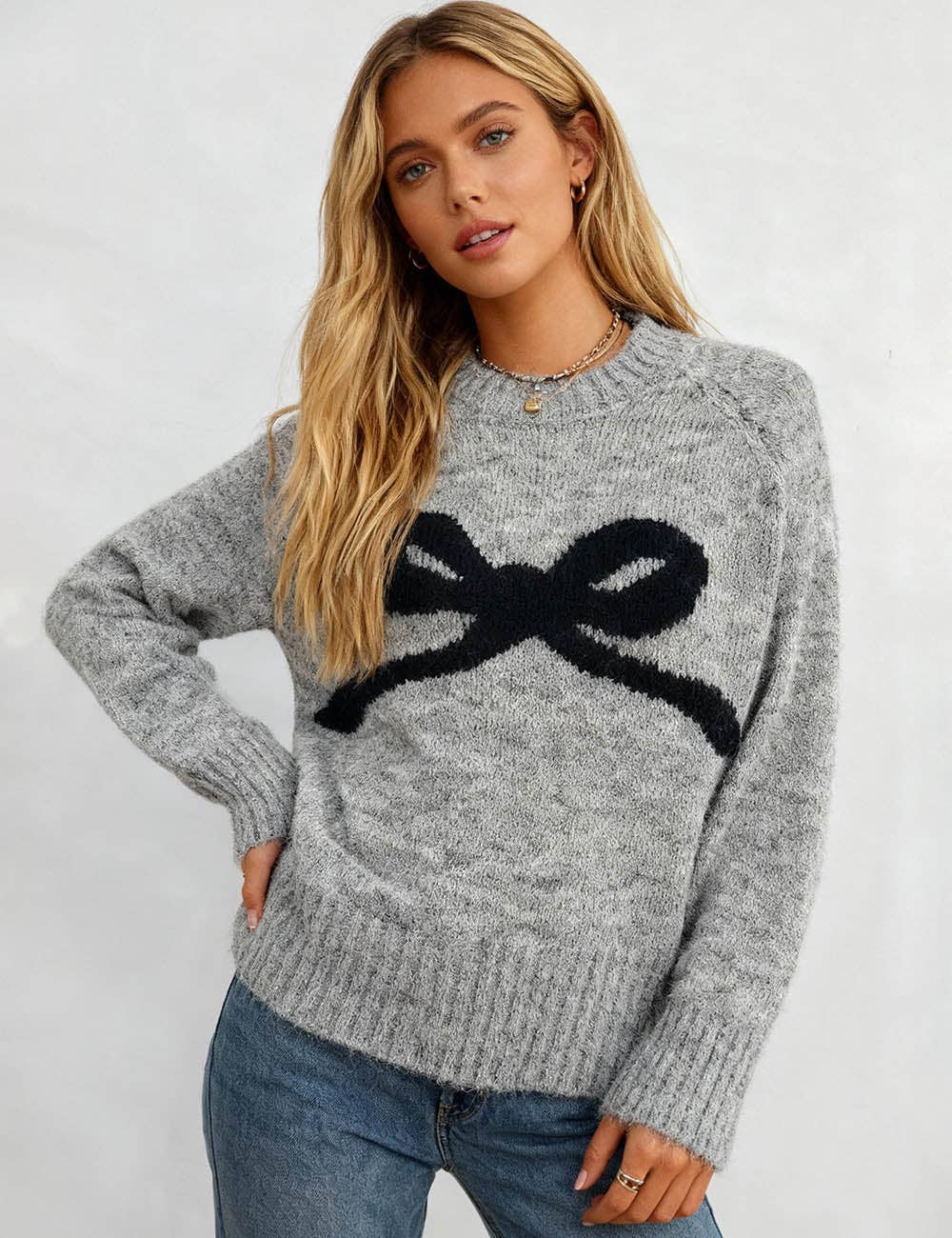 Ladies Ribbed Trim Knit Sweater