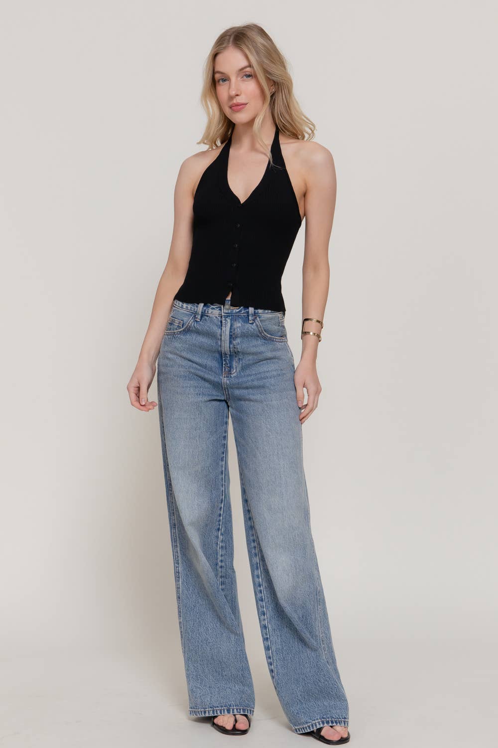 Halter Neck Button Down Sweater Top