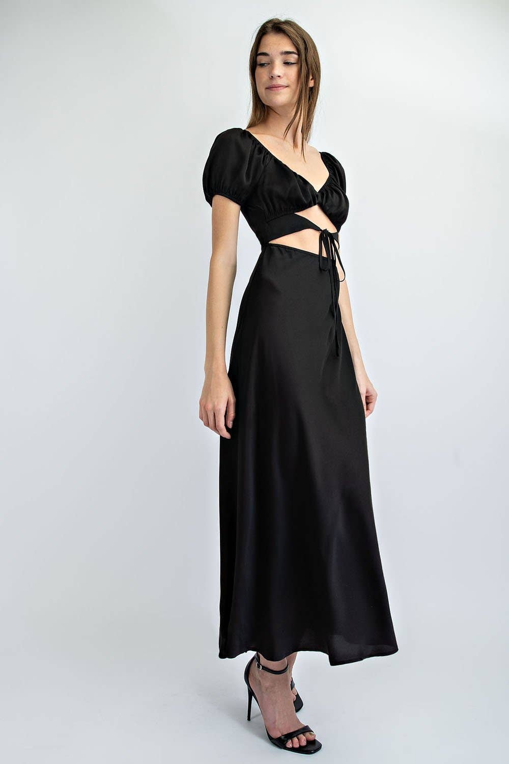 Bias Cut Long Satin Dress  Ruched Bodice Detail