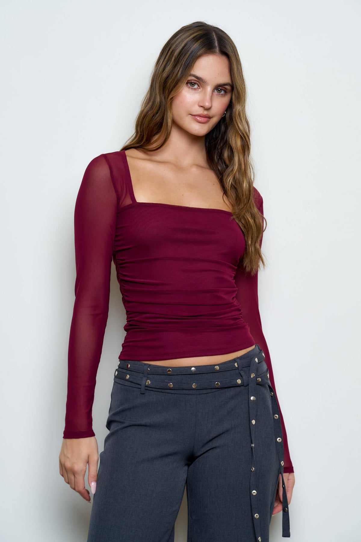 Ruched Waist Square Neck Long Sleeve Knit Top