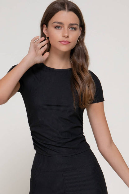 Short Sleeve Round Neck Shirring Workout Ribbed Top