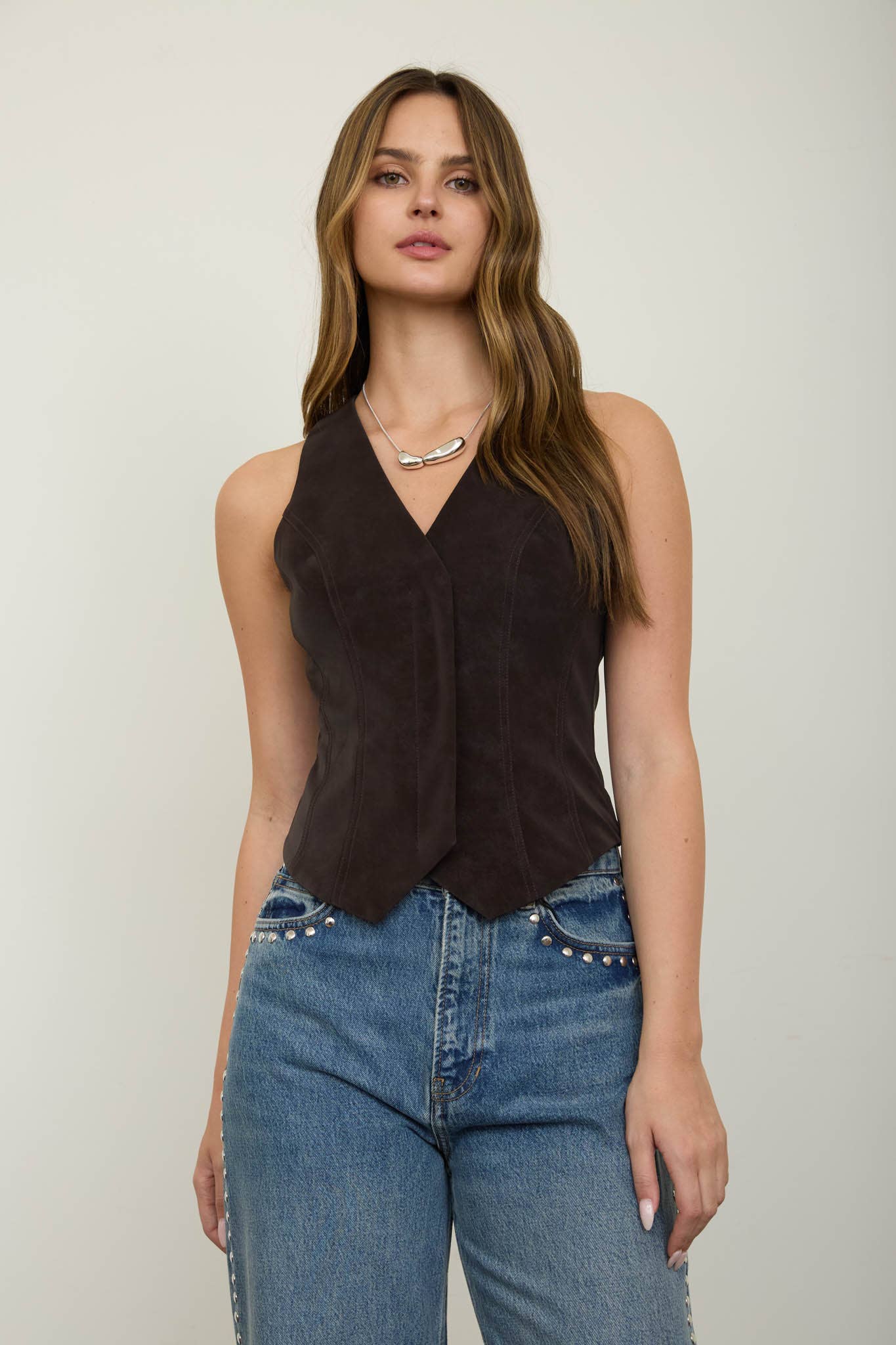 V Neck Button Down Suede Vest