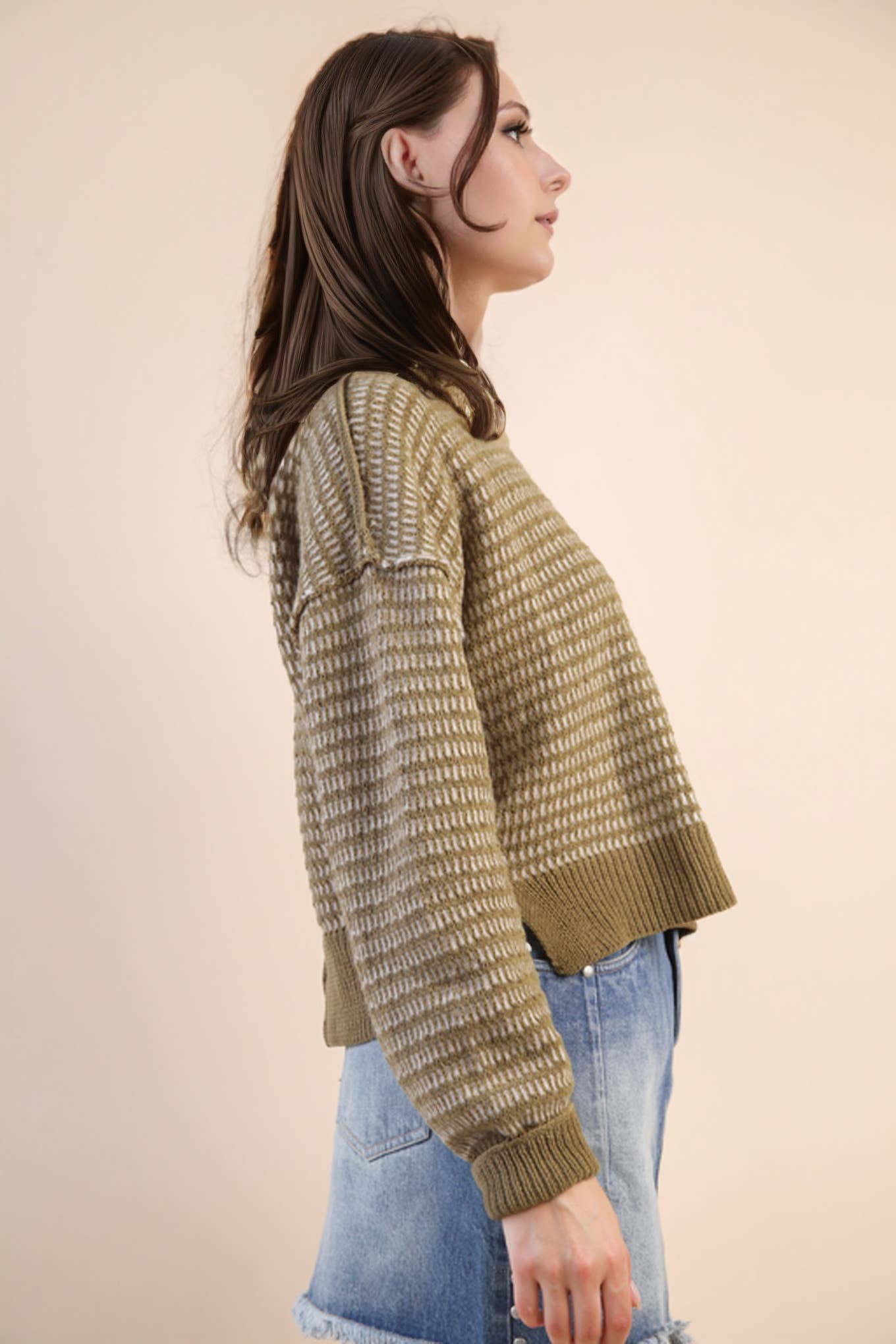 Two Tone Textured Knit Casual Sweater Top