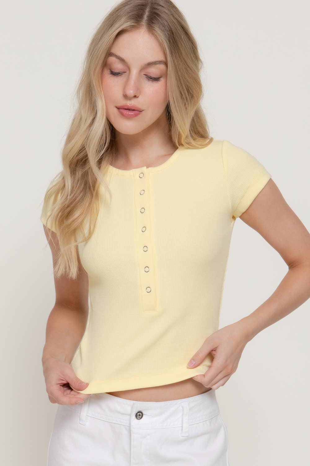 Short Sleeve Crew Neck Button Placket Ribbed Top
