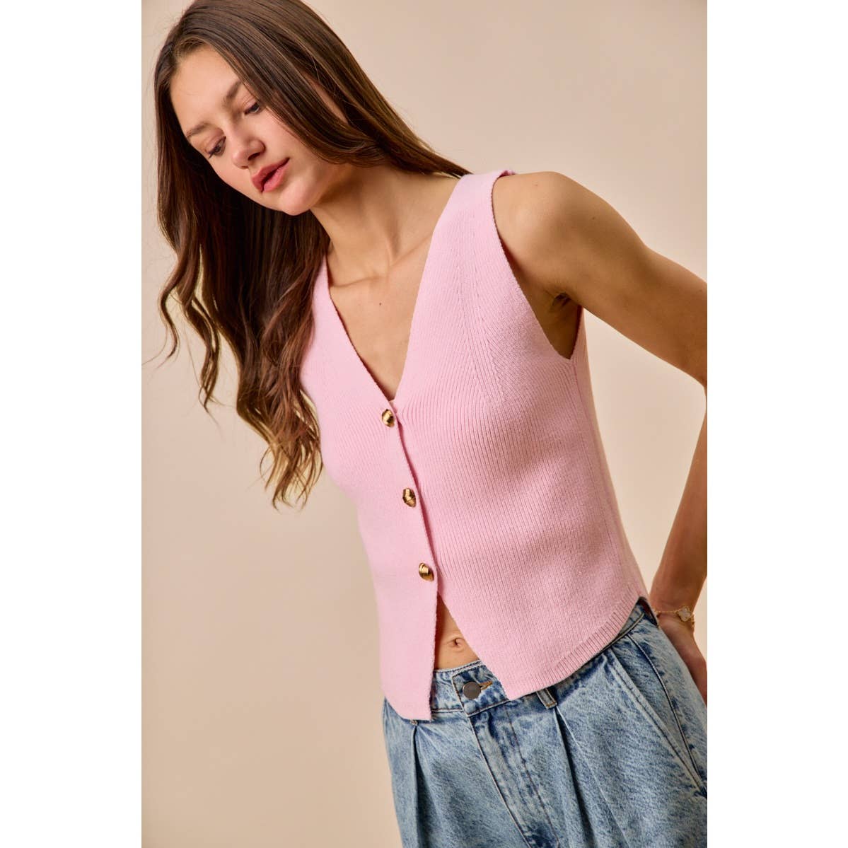 Knitted Sweater Vest Top With Metal Buttons
