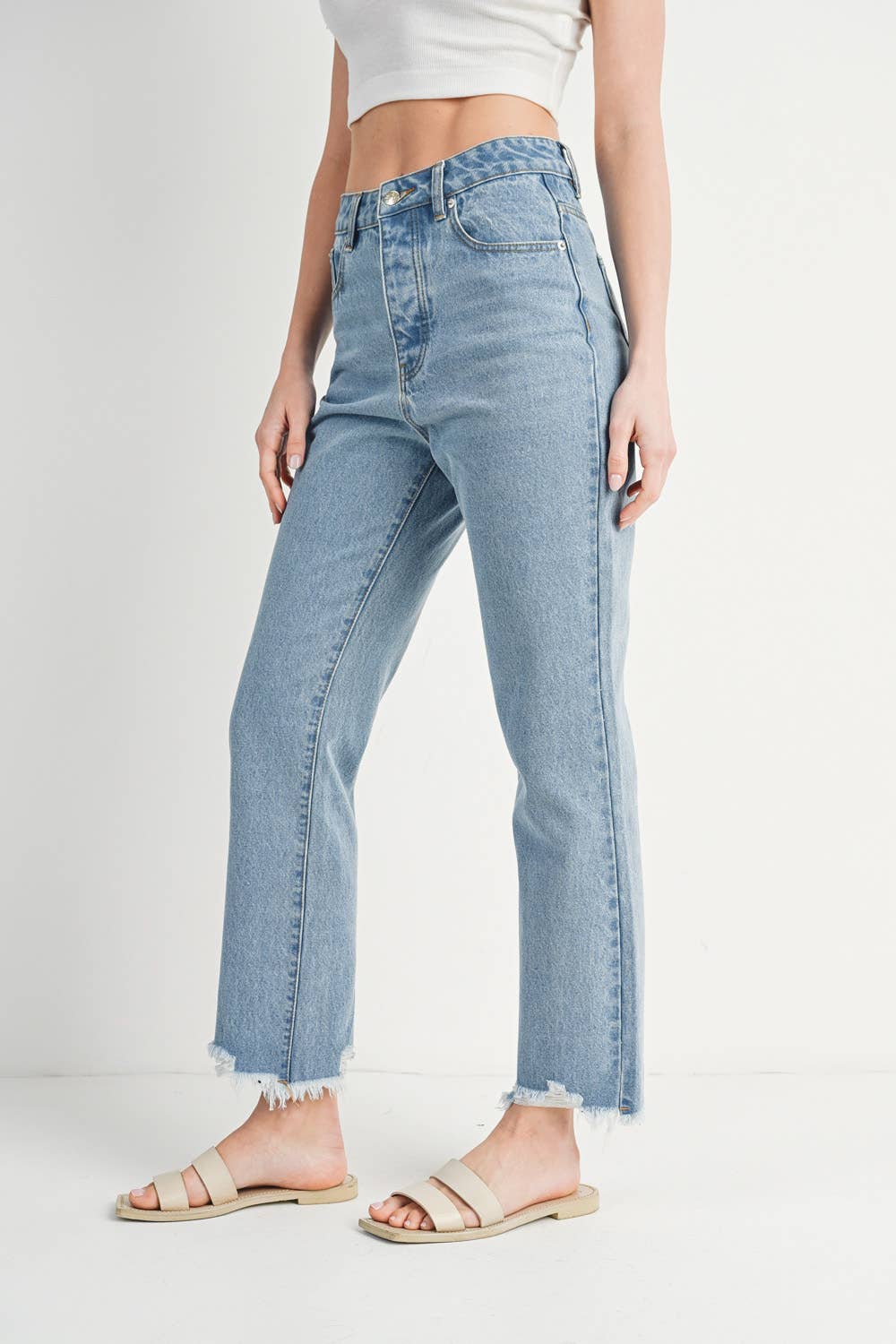 High Rise Straight: Leg Distressed Raw Hem