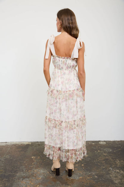 Floral Chiffon Tie Strap Ruffled Tiered Midi Dress