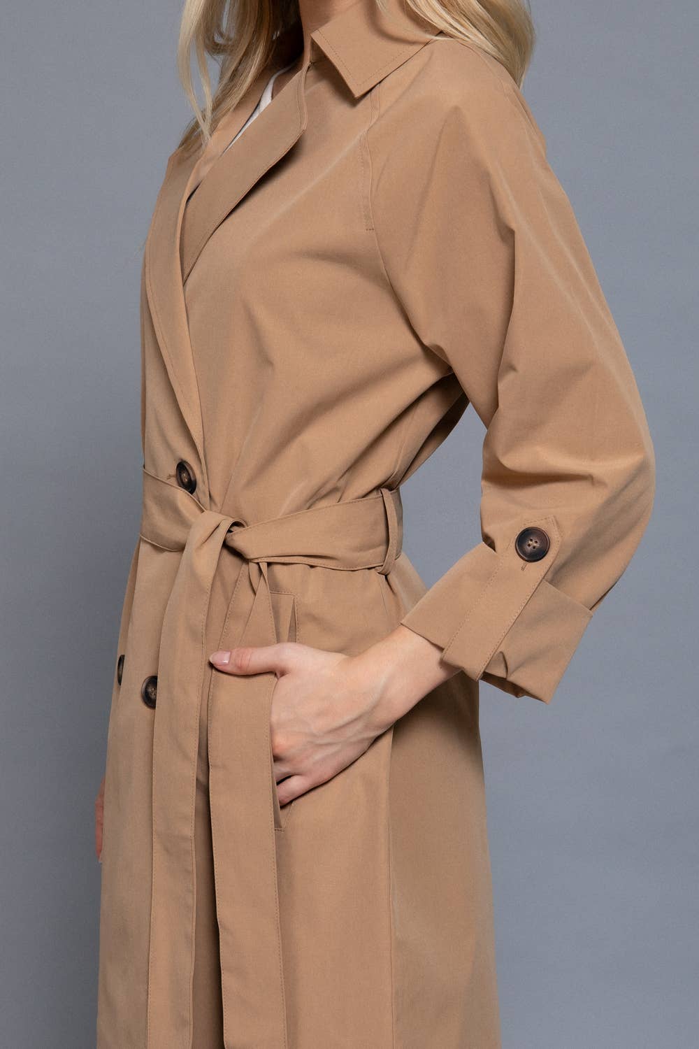 Long Sleeve V-Neck Lapel Collar Trench Coat with Belt