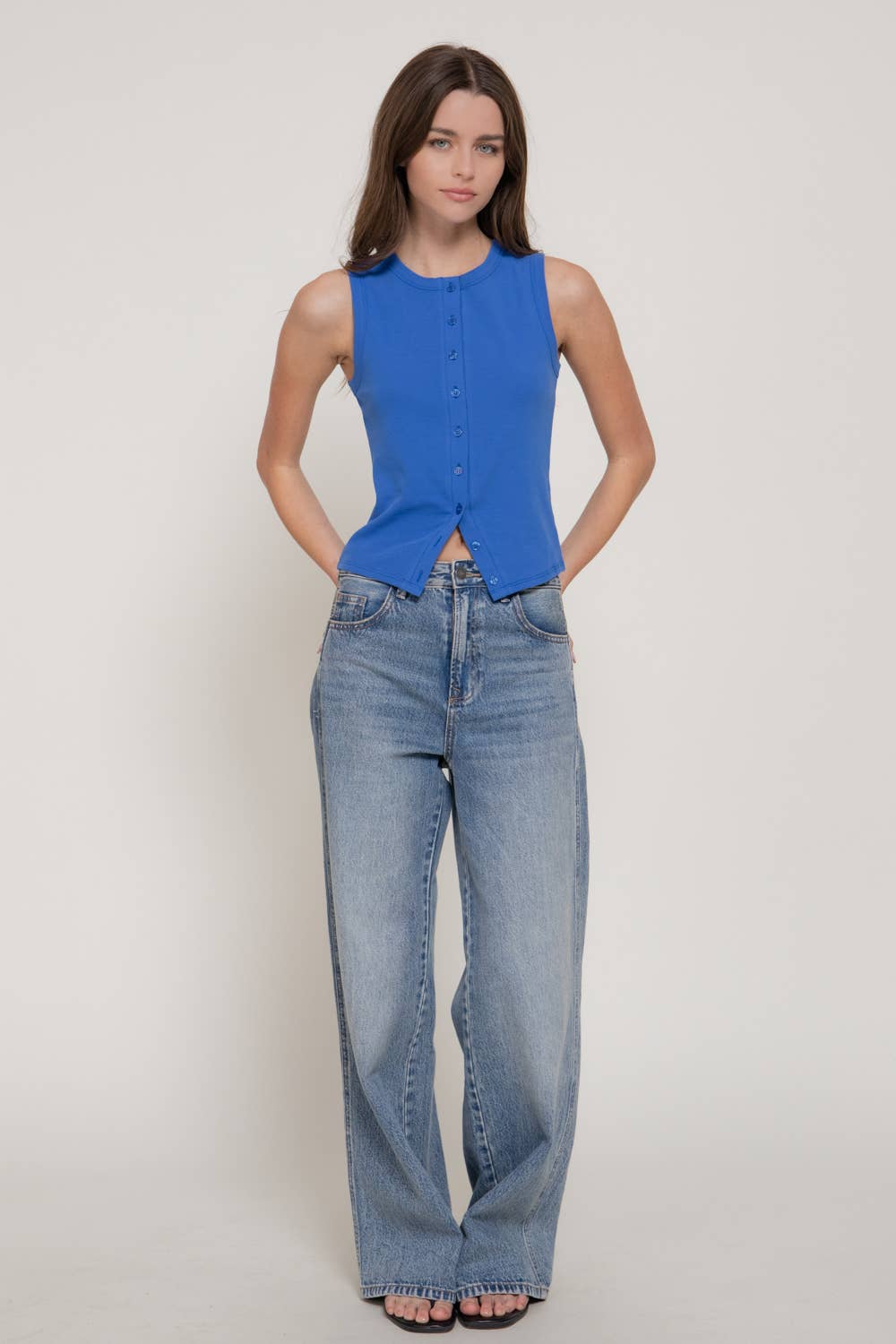 Sleeveless Crew Neck Button Down 1x1 Rib Top