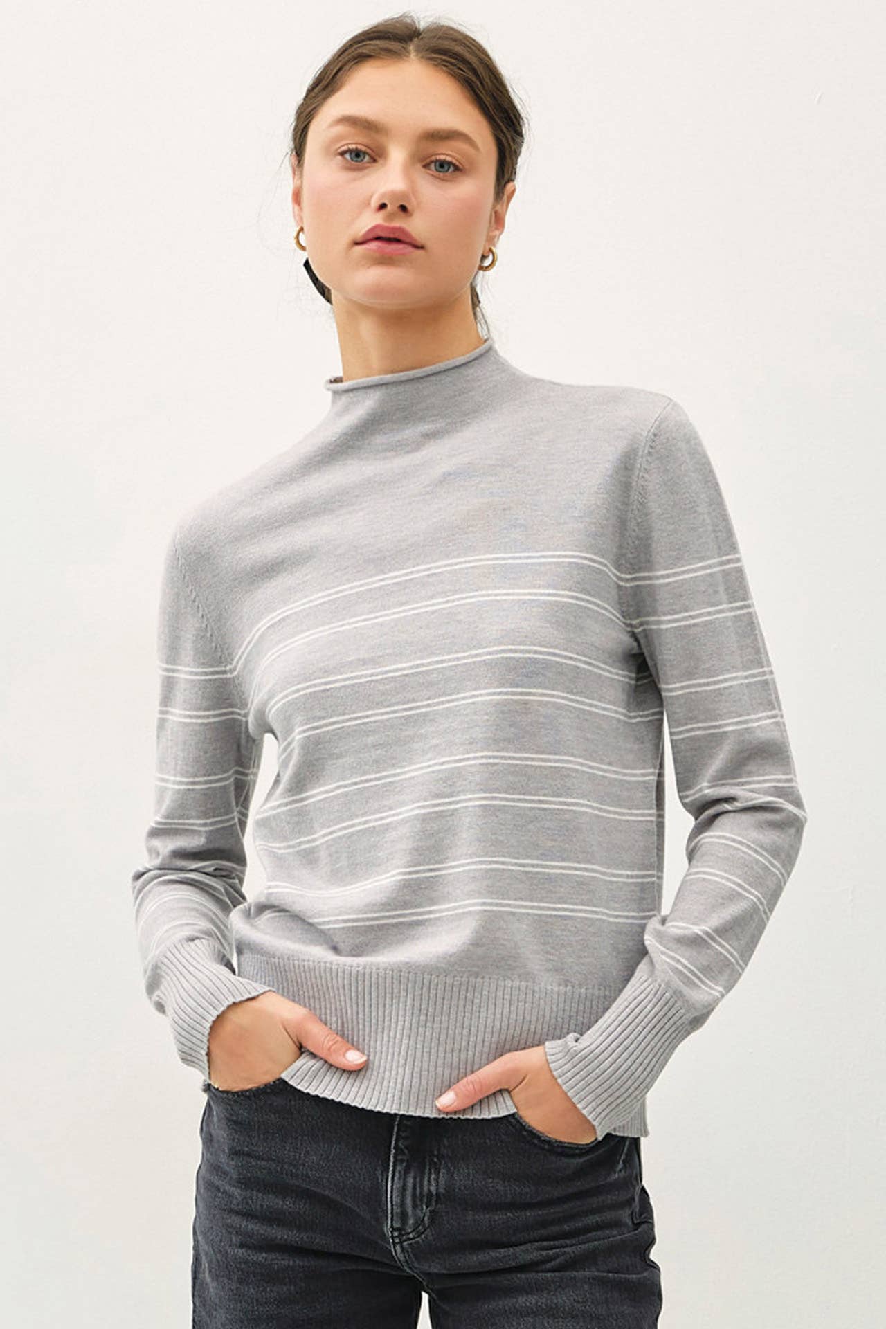 Thin Double Striped Mock Neck Sweater