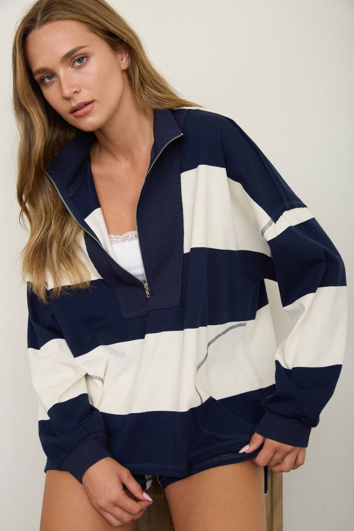 Wide Stripe Half Zip Long Sleeve Knit Top