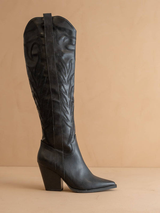 The Bronco | Black Knee High Cowboy Western Boot
