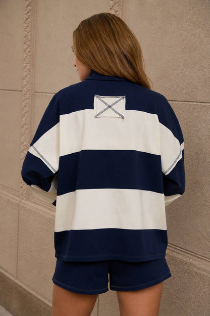 Wide Stripe Half Zip Long Sleeve Knit Top