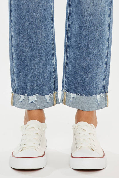 High Rise Slim Straight Cuff Jeans