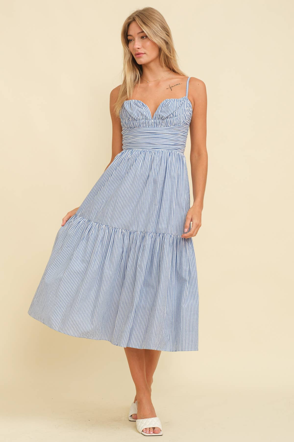 Striped Sweetheart Cami Strap Tiered Dress