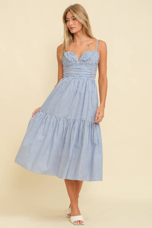 Striped Sweetheart Cami Strap Tiered Dress