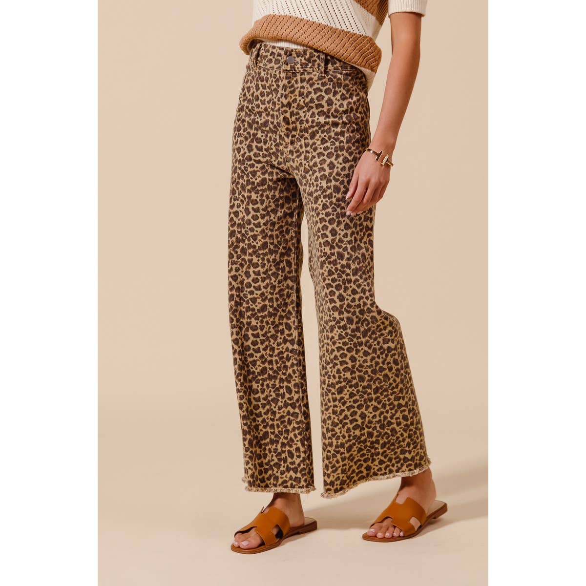 Mid Rise Leopard Twill Denim Wide Leg Pants