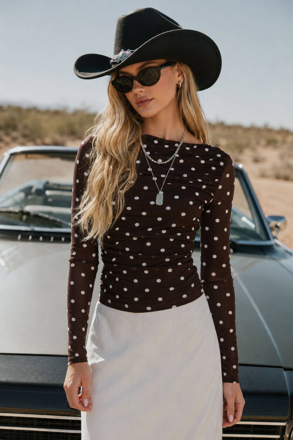 Sheer Mesh Polka Dot Ruched Long Sleeve Knit Top
