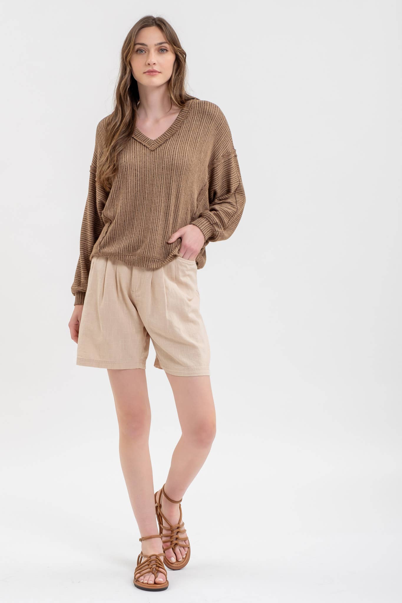 Stripes Drop Shoulder V Neck Knit Top