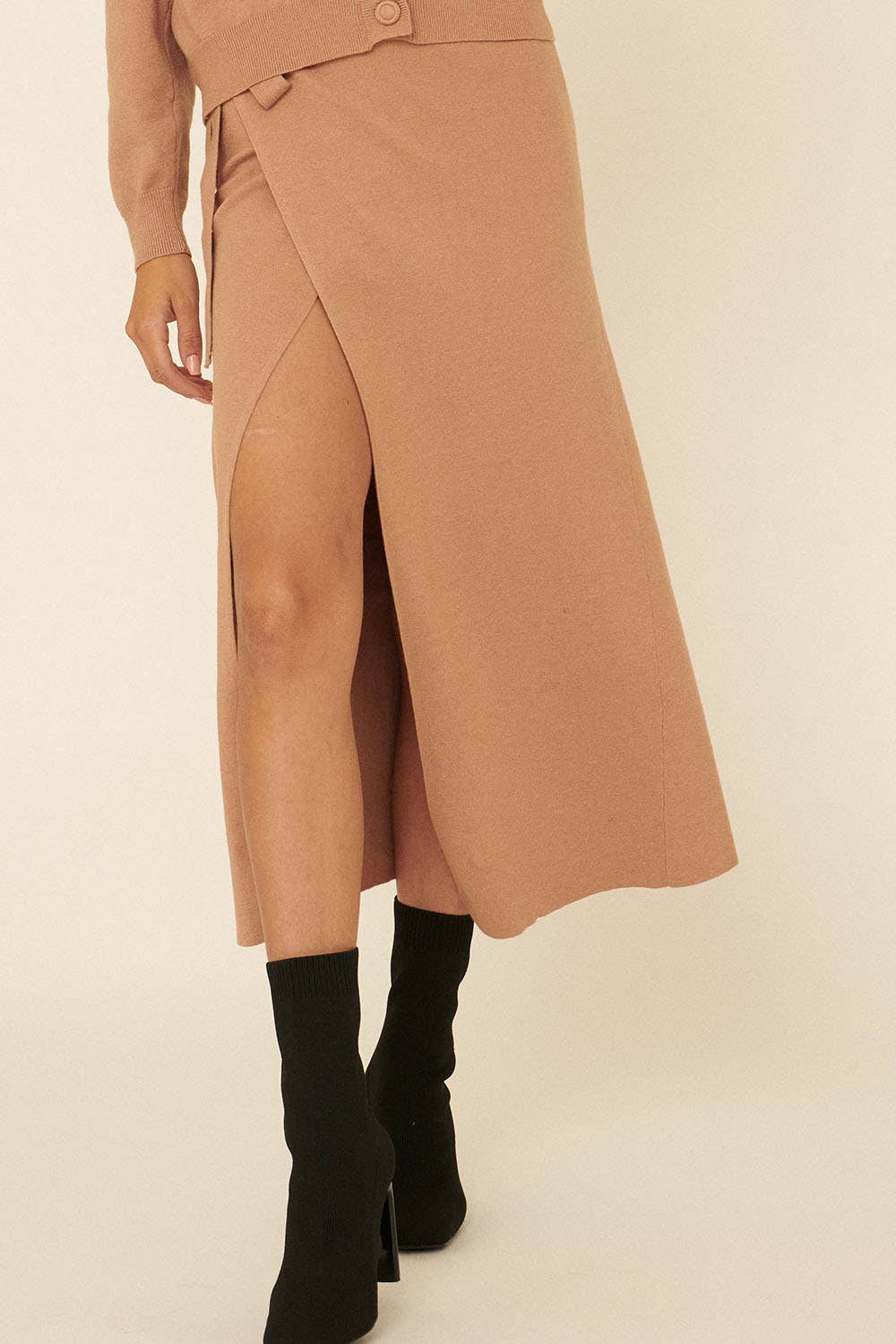 Solid Waist Tie Wrap Midi Skirt