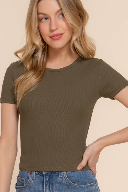 Short Sleeve Crew Neck Cotton Spandex Rib Knit Top