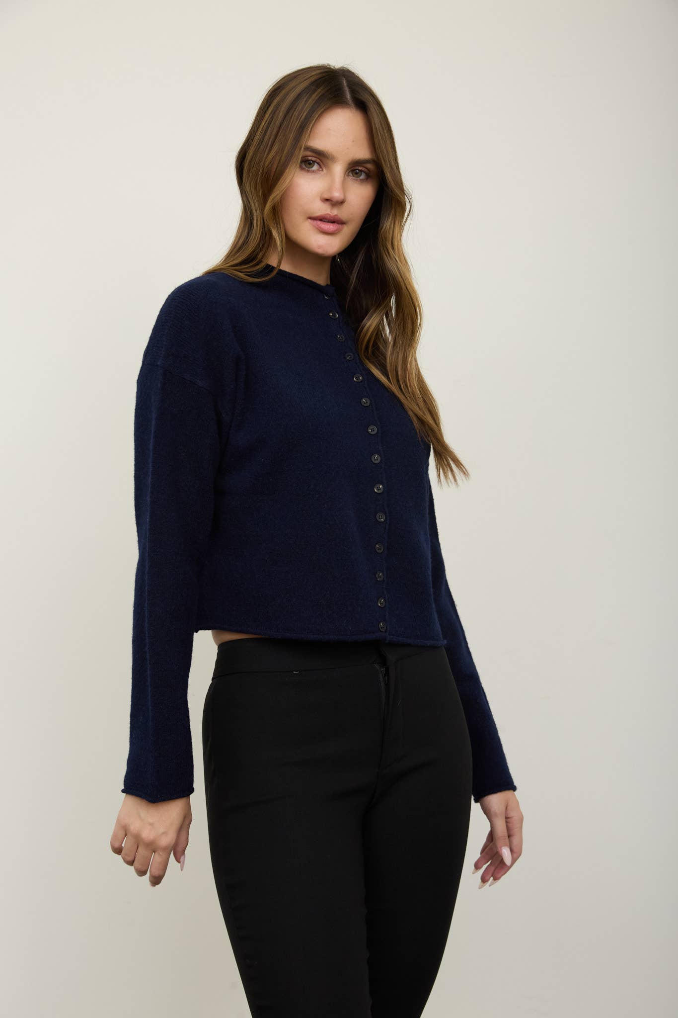 Raw Edge Mock Neck Button Down Cardigan