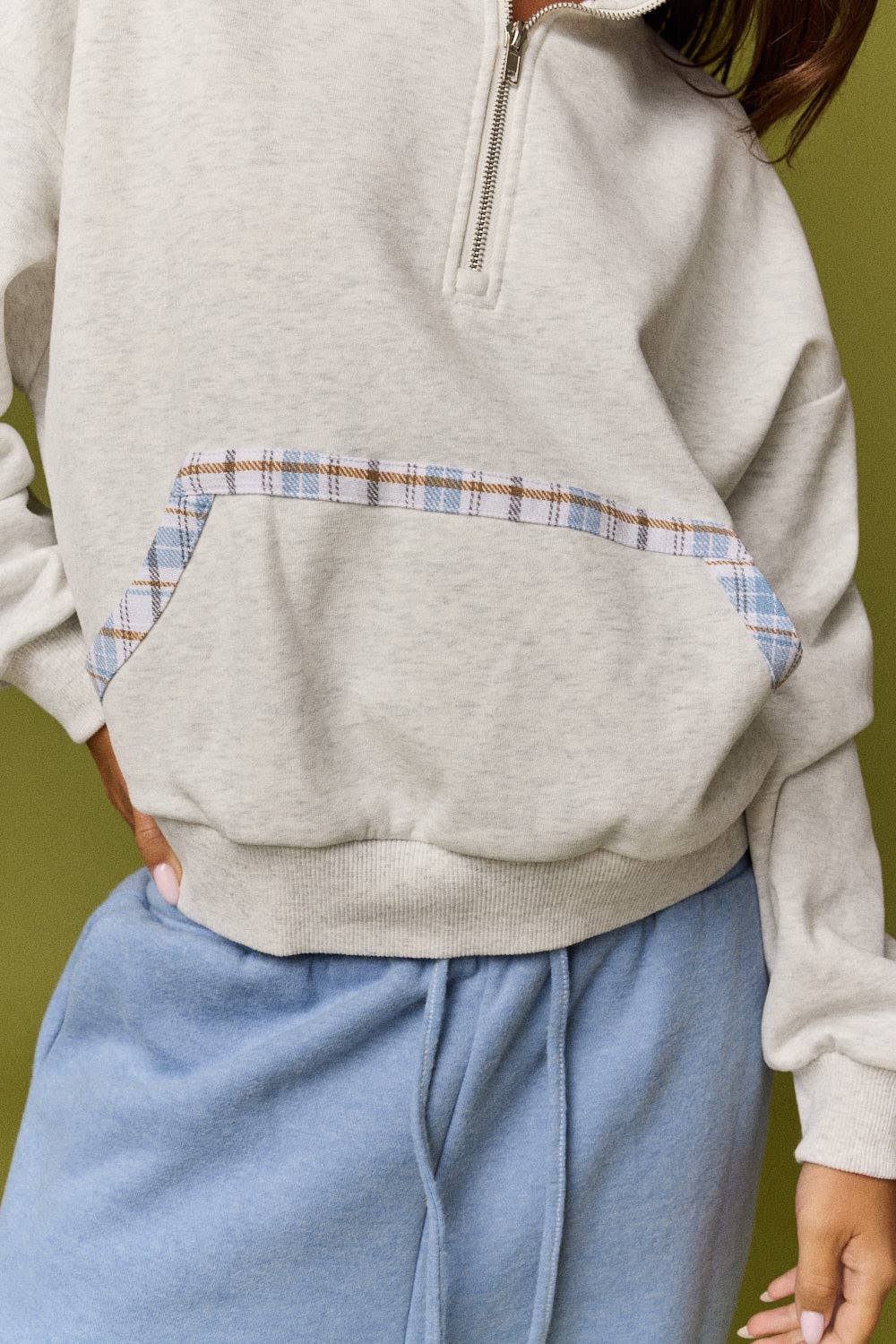 Caroline Plaid Trim Quarter Zip Pullover