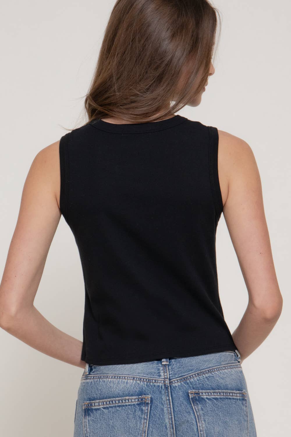 Sleeveless Crew Neck Button Down 1x1 Rib Top
