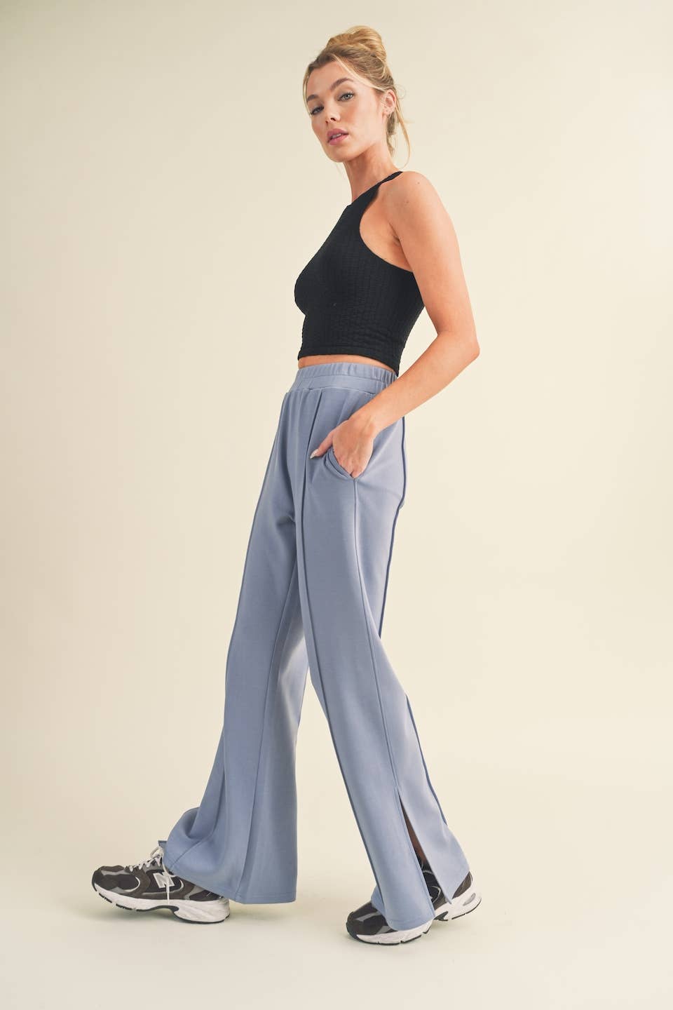 Wide Leg Scuba Pants with Side Slit
