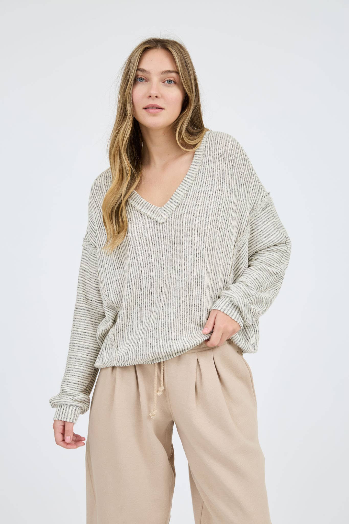 Stripes Drop Shoulder V Neck Knit Top