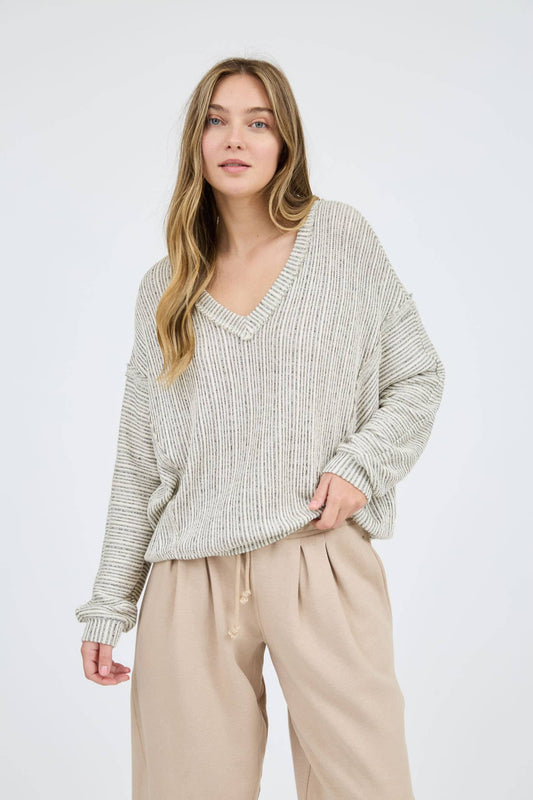 Stripes Drop Shoulder V Neck Knit Top