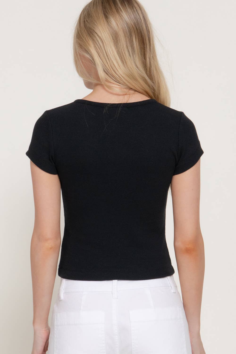 Short Sleeve Crew Neck Button Placket Ribbed Top