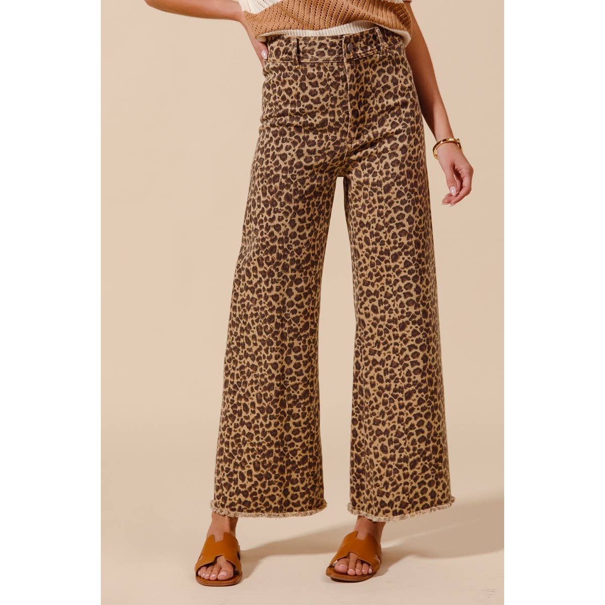 Mid Rise Leopard Twill Denim Wide Leg Pants