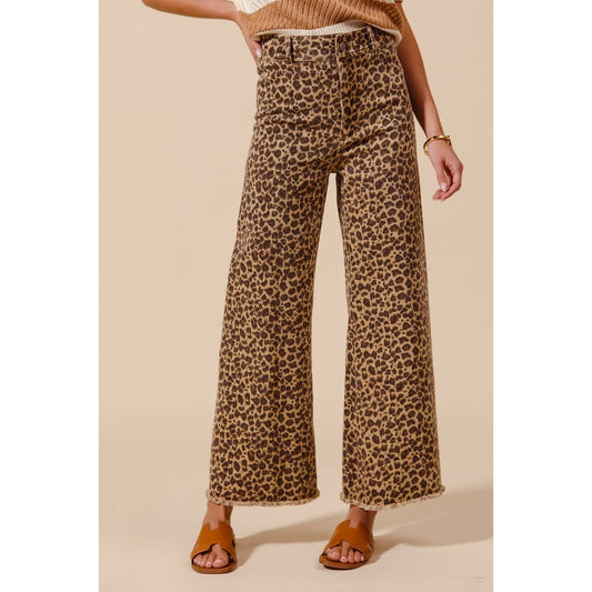 Mid Rise Leopard Twill Denim Wide Leg Pants