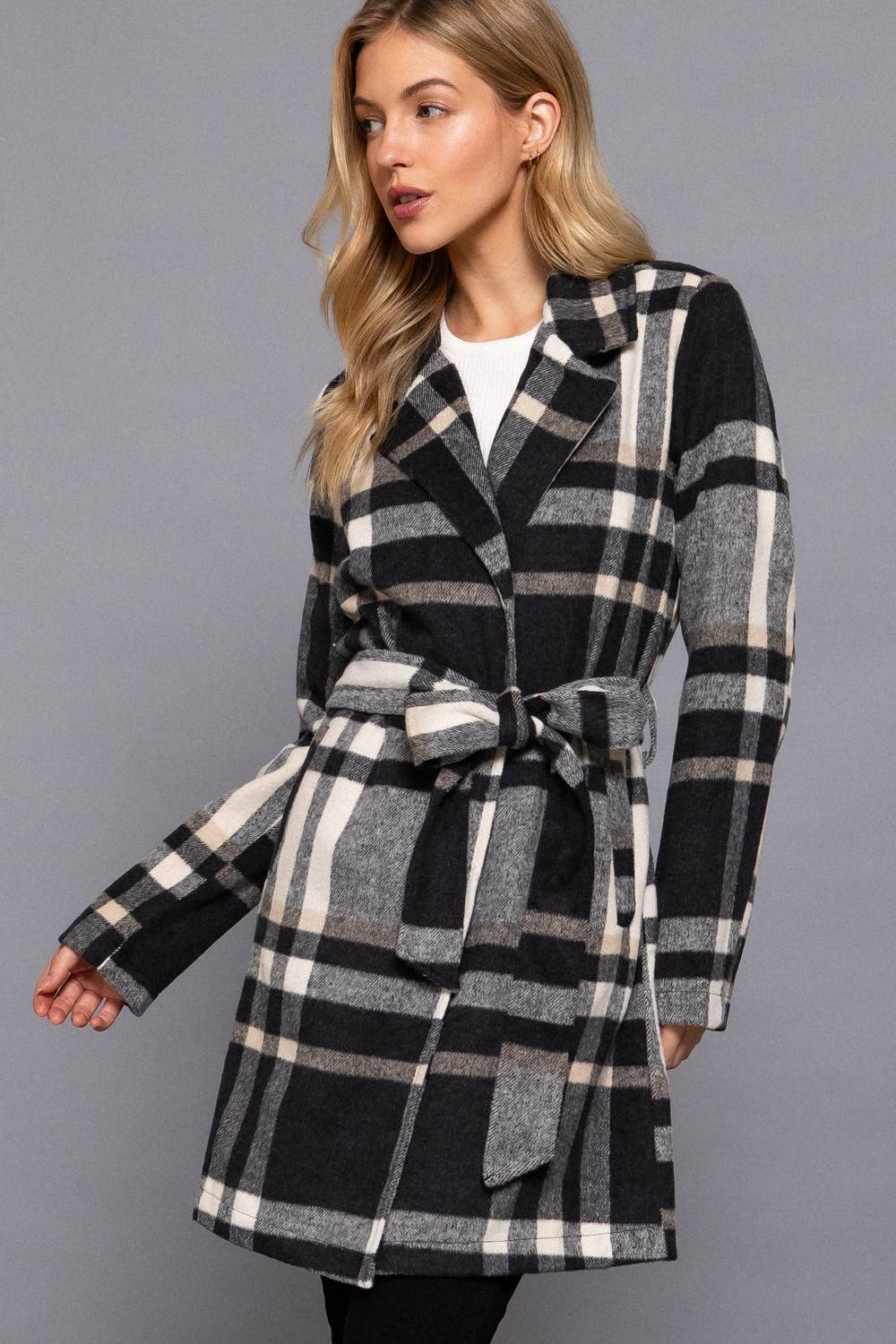 Long Sleeve Notched Collar with Waist Belt Plaid Jacket