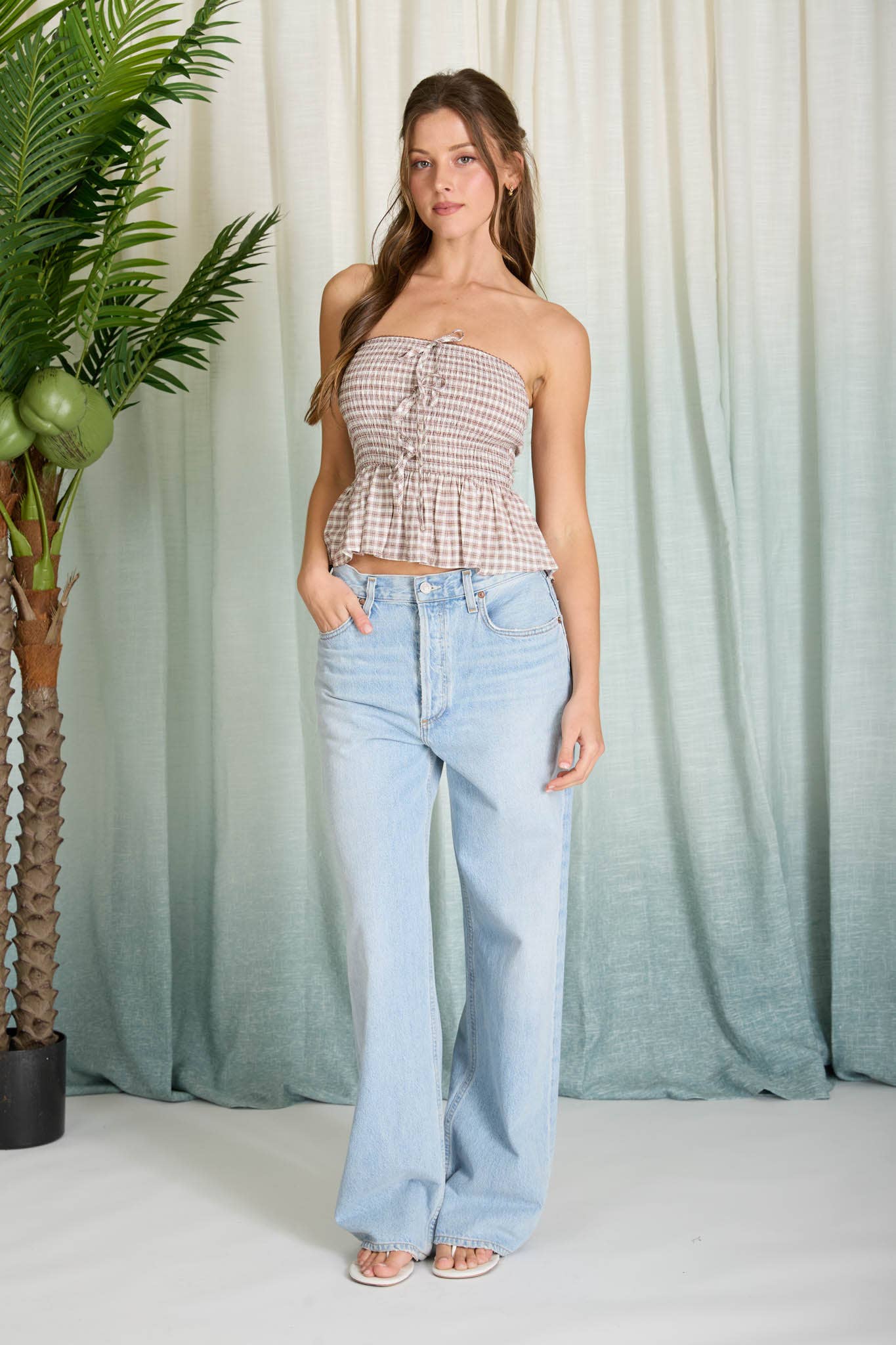 Plaid Strapless Ruffle Hem Top