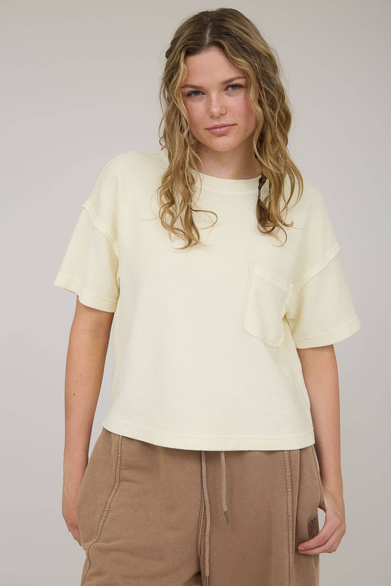 Washed Ribbed Short Sleeve Tee With Pocket